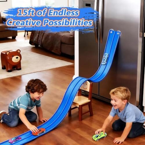 FALDAA 15ft Flexible Race Track for Kids with 6 Cars & 6 Suction Cups, Race Car Ramp Toy Compatible with Hot Wheels and 1/64 Diecast Cars, Portable Slot Car Track for Ages 3+ - Thumbnail 5