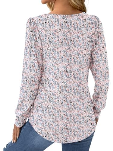 GKBK Women Long Sleeve Shirts Fall Tops Dressy Pleated Scooped Neck Tunic Tops for Leggings Floral White 3XL - Thumbnail 5