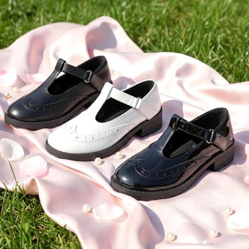 PATPAT Girls School Shoes Mary Jane Shoes Uniform Dress Flats T-Strap Chunky Heel Round Toe Loafers Oxfords for Little/Big Kids White size9 - Thumbnail 2