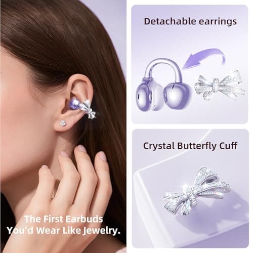 Kinglucky Open-Ear Clip-On Earbuds with Jewelry Bow Earrings, Purple - Thumbnail 2