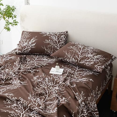 Spirit Linen home Twin Sheets Sets - Pure Microfiber 3 Piece Polyester Bed Sheets, Fitted Sheet & Pillow Cases - Twin Sheets for All Seasons (Foliage Chocolate/White, Twin/Twin XL) - Thumbnail 2