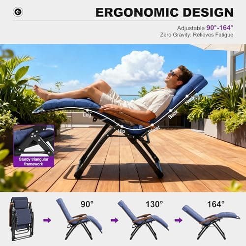 PURPLE LEAF Outdoor Reclining Chair Set of 2 Patio Zero Gravity Chaise Lounge Folding Chair with Removable Cushion Adjustable Headrest for Lawn Camping Beach Pool Navy Blue - Thumbnail 4