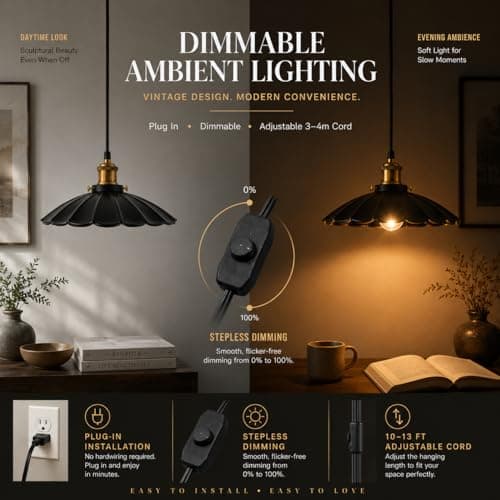 Oyisen Plug in Hanging Light, Vintage Black 9.8 Inch Lampshade 14Ft Plug in Pendant Light for Dining Room and Living Room, Kitchen Island Retro On/Off Switch Hanging Lamp Fixtures 2Pack - Thumbnail 2