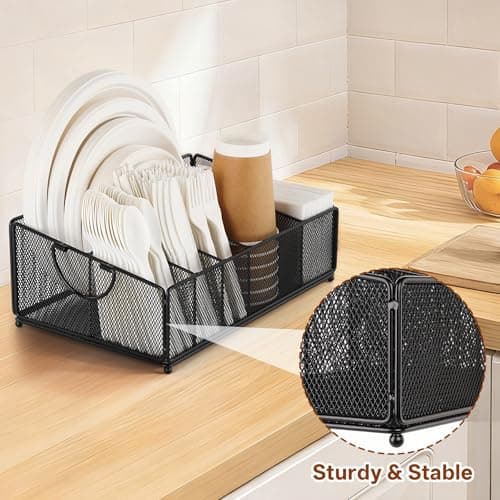 Cairondin Large Paper Plate and Silverware Caddy for Countertop Party Picnic Camping, Plastic Cutlery Holder Organizer for Disposable Plate Cup Flatware Utensil Napkin, Black - Thumbnail 4