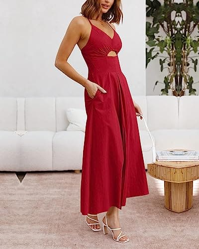 BTFBM Women 2026 Spaghetti Strap Midi Summer Dresses Sleeveless V Neck Cutout Slit Casual Beach Party Maxi Dress Pockets(Red, Medium) - Thumbnail 2