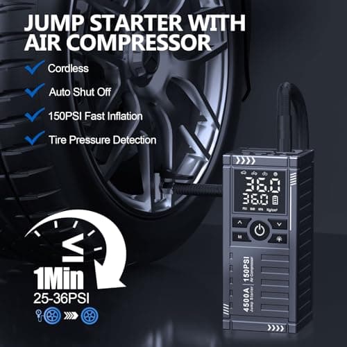 Car Battery Jump Starter with Air Compressor - 4500A 150PSI Portable Car Jump Starters (All Gas/10L Diesel) with Tire Inflator, 12V Car Battery Jump Box with Jumper Cables, LCD Display, LED Light - Thumbnail 3