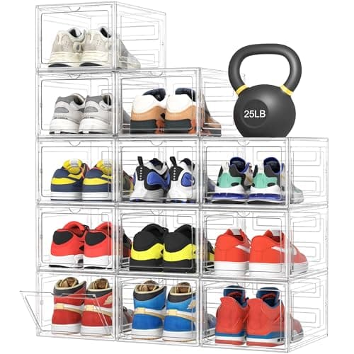 Pinkpum Upgraded Hard Shoe Storage Box 12 Pack X-Large Fit Size 12, Thicken & Sturdy Clear Plastic Stackable Shoe Organizer Box Closet, Sneaker Storage Display Case Holder Bins with Magnetic Door - Image 1