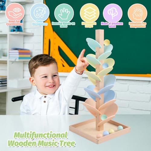 Marble Run Wooden Ball Drop Toys for 3-5 4-8 Wood Montessori Toys Music Tree for Toddlers Musical Game Learning Color Sorting Sensory Toys for Boys Girls 8-12 Gift (Height: 19.9in) (1.1in Balls) - Thumbnail 4