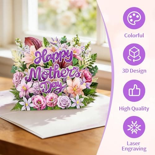 FaCraft Pop Up Mothers Day Cards - 3D Purple Lily & Rose Bouquet Card for Mom - Large 8x6 Happy Mother’s Day Card with Writing Note, Seal & White Pearlescent Envelope - Thumbnail 4