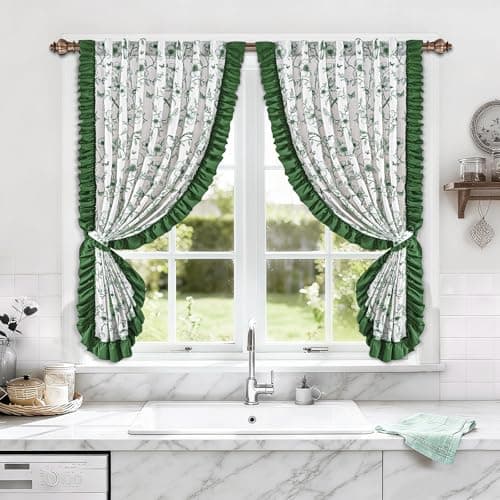 Yinhua Green Floral Kitchen Curtains 36 Inch with Ruffle and Tieback, Vintage French Linen Kitchen Window Curtains Over Sink, Light Filtering Rod Pocket Small Cafe Curtain, 26" W x 36" L, 2 Panels - Thumbnail 2