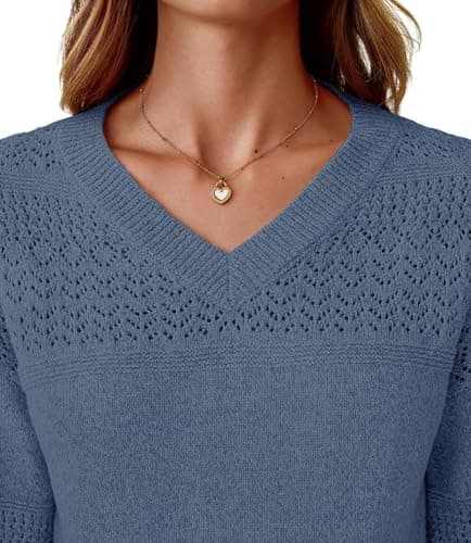 NORACORA Women's V Neck Fall Sweaters Crochet Soft Lightweight Ribbed Knit Loose Pullover Sweater Long Sleeve Tops 2025 Trendy Outfits Grey Blue - Thumbnail 5