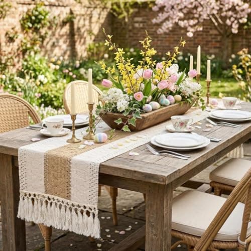 yuboo Boho Table Runner 72 inches for Dining Table , Spring Buffet Cabinet Table Runner, Long Burlap Dresser Runners for Bedroom, Kitchen, TV Stand, Farmhouse Easter Home Decor - Thumbnail 5