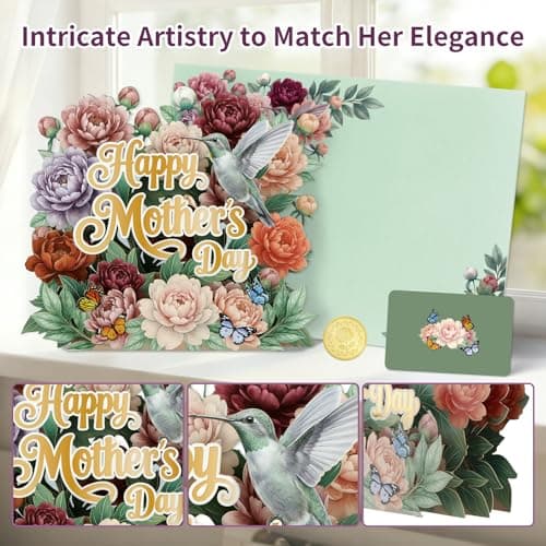 DISJOURNEY 3D Pop Up Mothers Day Card - 5-Layer Happy Mothers Day Vintage Burgundy & Pink Peony Flower Bouquet Card - Handmade Pop Up Gift for Best Mom Grandma Wife - Includes Envelope & Note Card - Thumbnail 3