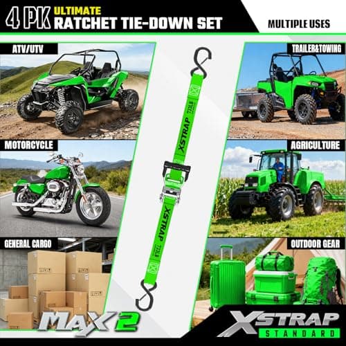 XSTRAP Motorcycle Tie Down Strap (4PK) - 2,200lb Break Strength 1" x 15ft Ratchet Tie Down Straps Set, Soft Loop Ratchet Straps for Moving Appliances, Lawn Equipment, Cargo Straps for Trucks, Green - Thumbnail 6