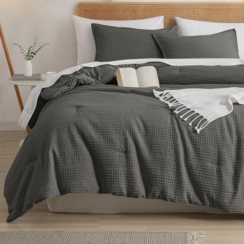 PHF Soft Waffle Comforter Set Twin Size- Comfy Breathable Waffle Weave Comforter with 1 Pillow Shams, 2 Pieces Less Snagging Lightweight Textured Bedding Set for All Season, Grey - Image 1