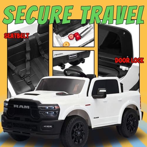 KerryYoo SQ7 Licensed RAM 24V Kids Electric Car Ride On Toys with Parent Remote Control, Spring Suspension, Storage Bed, Off-Road Electric Truck - White - Thumbnail 5