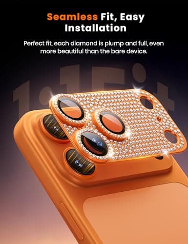 Hoerrye Bling Diamond Camera Lens Protector for iPhone 17 Pro - [1:1 Full Coverage][Strong Adsorption] 9H+ Tempered Glass Screen Protective Cover Case Friendly,Glitter Orange - Thumbnail 4