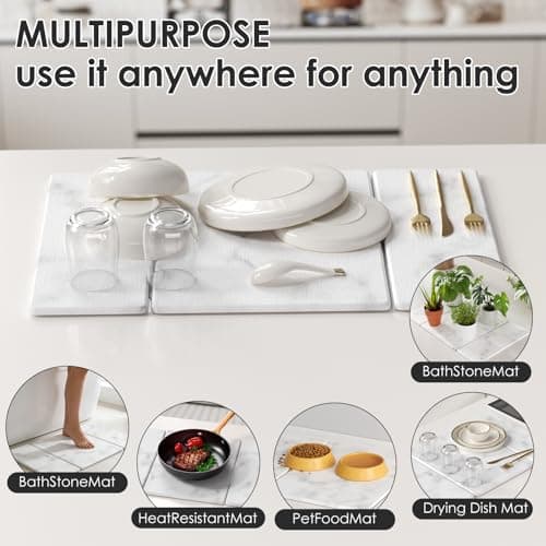 3-Piece Stone Dish Drying Mat Set for Kitchen Counter -24"x16" Large Absorbent Diatomaceous Earth Mat for Kitchen Counter, Stone Faucet Drip Catcher & Soap Tray- Quick Dry, Non-Slip - Thumbnail 3