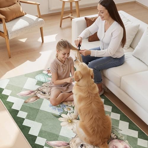 cotiled Area Rug for Living Room, Washable Non-Slip Large Area Rug, Indoor Floor Carpet Low Pile Soft Boho Farmhouse Rug for Bedroom Dining Room Green 3x5 - Thumbnail 5