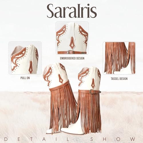 SaraIris Women's White Cowboy Boots Fringe Boots Knee High Cowgirl Boots Chunky Heel Western Boots Buckle Strap Fashion Pointed Toe Pull On Tassel Boots for Women Size 7.5 - Thumbnail 4