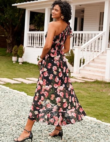 GRACE KARIN Womens Floral One Shoulder Wedding Guest Dresses Sleeveless Flowy Ruffle Sexy Long Sundresses Black 6 - Thumbnail 3