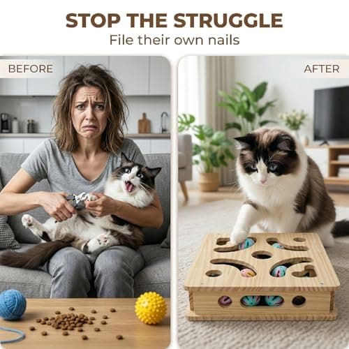 EIODEAR Cat Nail File Scratcher with 5 Sandpaper Pads, 4 Bell Balls, 8 Screw, Solid Wood Cat Scratch Puzzle Enrichment Box Nail Filer Box Toy to File Nails, Cat Treat Box for Treat-Motivated Cats - Thumbnail 4