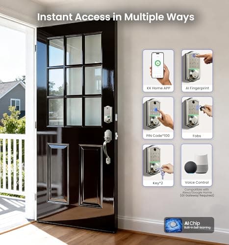 Veise VE017-H Fingerprint Smart Front Door Lock Set, App Control, 8-in-1 Keyless Entry Deadbolt with Zinc Alloy Handles, Emergency Power Port, Touchscreen Keypad, Auto Lock, Easy Install, Satin Nickel - Thumbnail 3