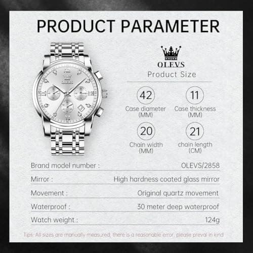 OLEVS Watch Men Silver Watches for Men Stainless Steel Analog Quartz Mens Watches Dress Waterproof Metal Band Luxury Wrist Watch for Man with Day Date Diamond Large Face Chronograph Reloj para Hombre - Thumbnail 6