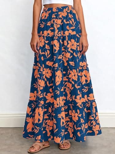 BTFBM Floral Maxi Skirts for Women Summer Spring 2026 Elastic Waist Tiered Flowy Beach Vacation Outfits Boho Long Skirt(Floral Blue Orange, XX-Large) - Thumbnail 5