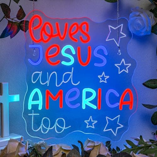 Jesus Neon Signs for Wall Decor Loves Jesus and America too Dimmable LED Neon Light Up Signs USB Powered for Christ Church Wedding Club Living Room Bedroom Gifts Home Birthday Party Decor - Image 1