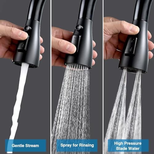 Stainless Steel Kitchen Faucet Head Replacement, Matte Black 3-Function Pull Down Spray Head for Pull-out Kitchen Faucet, High Pressure Sink Spray Nozzle with 9 Adapters Compatible with Most Faucets - Thumbnail 2