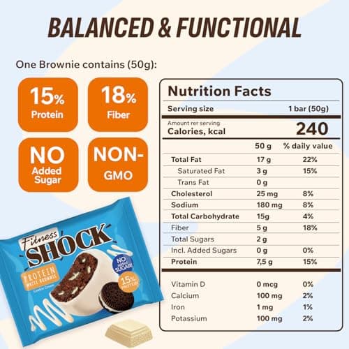 Fitness SHOCK Cookie Cream Protein White Brownie - No Added Sugar, 7.5g Protein, Low Carb Guilt-Free Dessert - 0g Added Sugar, 10g Net Carbs, 5g Fiber, Non-GMO - 10 x 50g - Thumbnail 2