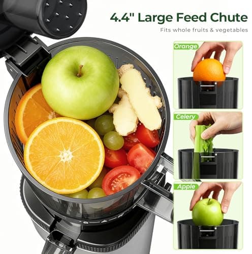 Cold Press Slow Juicer Machine, Compact Slow Masticating Juicer for Vegetables & Fruits, 4.4" Wide Feed Chute, Easy to Clean Stainless Steel Juice Press, Dishwasher Safe, High Juice Yield - Thumbnail 2