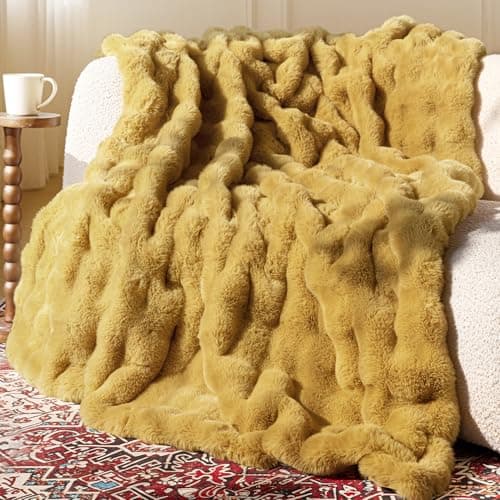 blunique Ultra Soft Cozy Faux Fur Throw Blanket, Fuzzy Plush Thick Bubble Blanket, Oversize Luxury Fluffy Blanket for Couch, Sofa, Bedroom, and Living Room,50x60 Inches, Dark Yellow - Image 1