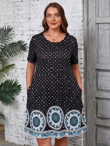 AusLook Plus Size Floral Midi Dress for Women Casual Summer Short Sleeve A Line Swing 2X Dress with Pockets Round Neck Flowy Knee Length T Shirt Vacation Beach Sundress - Thumbnail 2