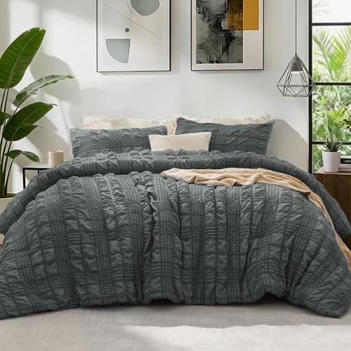 BEDELITE Dark Grey Twin Comforter Set, 2 Pieces Fluffy Lightweight Seersucker Comforter, Soft Breathable All Season Bedding with Pillowcases for Bedroom & Dorm Room - Image 1