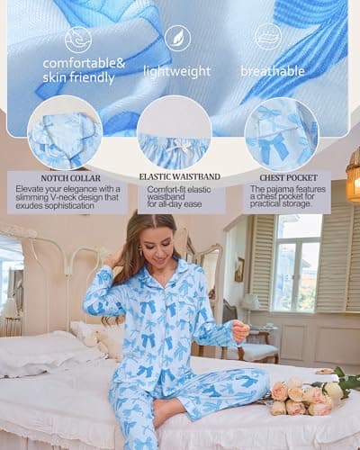 Pajamas for Women Set 2 Piece lounge sets Long Sleeve Button Down Loungewear Bow Print Sleepwear Soft Pj,Chest Pocket Blue L - Thumbnail 5