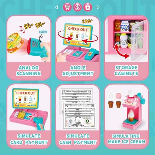 FS Kids Pretend Play Store Set with Toy Cash Register for Kids, 45 Piece Accessories Grocery Store Playset with Scanner, Food & Play Money & Ice Cream Maker for 3+ Kids 5-8 Girls, Pink - Thumbnail 3