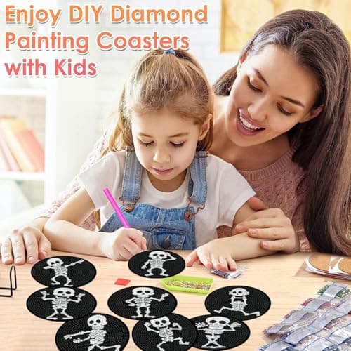 ijbnhd 8 PCS Skull Diamond Art Coasters Diamond Painting Coasters Kits with Holder Skeleton for Beginners Adults Crafts Supplies 4X4inch (Cork Wooden Pad) - Thumbnail 4