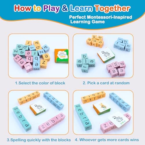 Humerry Spelling Games for Kids Ages 3-8, Phonics Matching Game with 54 Flash Cards & 20 Letter Blocks, CVC & Sight Word Building Reading Game, Classroom Must Haves for Preschool & Kindergarten - Thumbnail 6