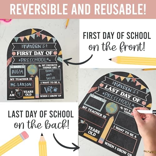 My First Day of School Sign with Marker -11"x14" Double-sided & Reusable Back to School Sign Board and Photo Prop for First and Last Day, Kindergarten PreK Preschool Chalkboard Back to School Supplies - Thumbnail 4
