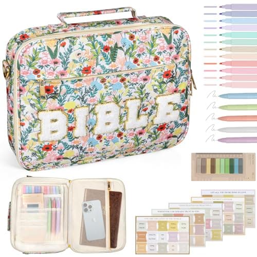 Foghut Large Quilted Bible Cover with Handle, Protective Bible Carrying Case with Pockets, All-in-One Bible Study Organizer for Church & Daily Study, Christian Gift for Women