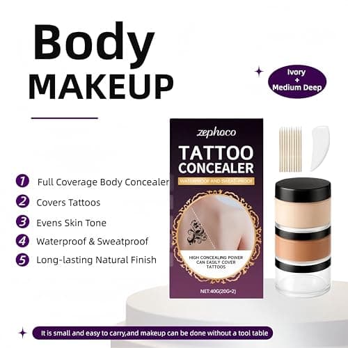 Full Coverage Tattoo Cover Up Cream – Waterproof, Sweatproof Body Concealer for Scars, Birthmarks and Dark Spots – Blendable Dual Shades (Ivory & Medium Deep) - Thumbnail 2