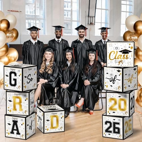 OHOME 8 Pack Graduation Decorations 2026 - Black Gold Balloon Boxes for Class of 2026 Party Favors Supplies - Graduation Party Decorations 2026 Yard Signs Banner Backdrop Decor (Black) - Thumbnail 5