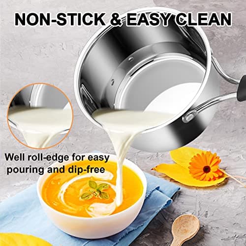LIANYU Saucepan with Lid, 1 Quart and 2 Quart Stainless Steel Saucepan, Small Pot Milk Soup Pan for Home Kitchen Restaurant, Long Heatproof Handle, Dishwasher Safe - Thumbnail 5