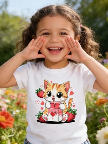 Funnycokid Little Girls Shirt 4T 5T Toddler White Tees Kitten Animal Children Cute T-Shirt Graphic Short Sleeve Clothes Tops - Thumbnail 5
