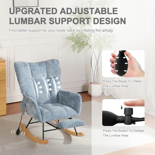 Chistronger Rocking Chair Nursery with Airbag, Comfy Modern Nursery Rocking Reading Chair Indoor with Footrest, Cozy Upholstered Glider Rocker Chairs for Living Room Bedroom Offices(Chenille, Blue) - Thumbnail 3