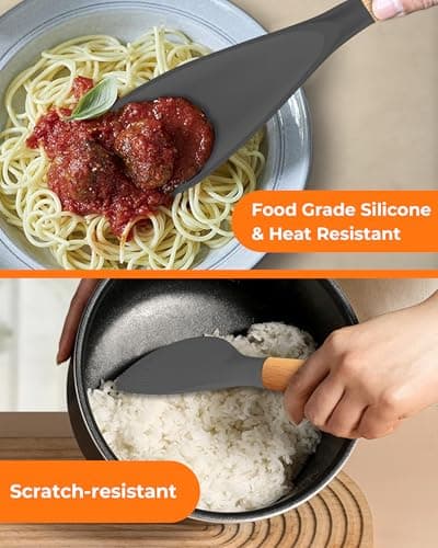 FINENUT Cooking Spoon Multifunction Spoonula Silicone Spatula Spoon 2-Pack, Dual-Use Heat Resistant 446°F, BPA-Free Non-Toxic Wooden Handle Rice Spoon Set for Non-Stick Cookware & Rice Cookers (Gray) - Thumbnail 2