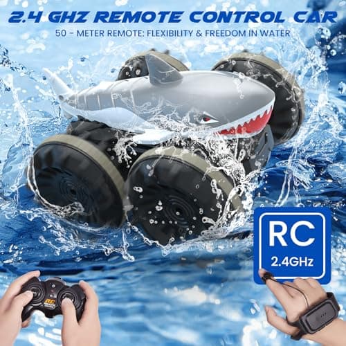 SIMREX Shark Amphibious Remote Control Car - Gift for Kids Boys Girls, 4WD Waterproof RC Car, 360° Stunt, Dual Remote Control, 50m Long Range, 2 Rechargeable Batteries (Silver) - Thumbnail 3