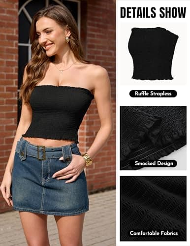 Aprolive Women Strapless Tube Top Sleeveless Tank Tops Solid Smocked Bandeau Top Y2K Backless Crop Tops for Summer Fashion Going Out Blouse(1-Black,X-Large) - Thumbnail 6